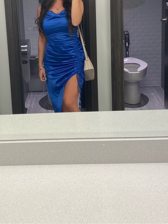 Missguided Dresses & Skirts - Missguided Blue Satin Cowl Ruched Side Midi Dress